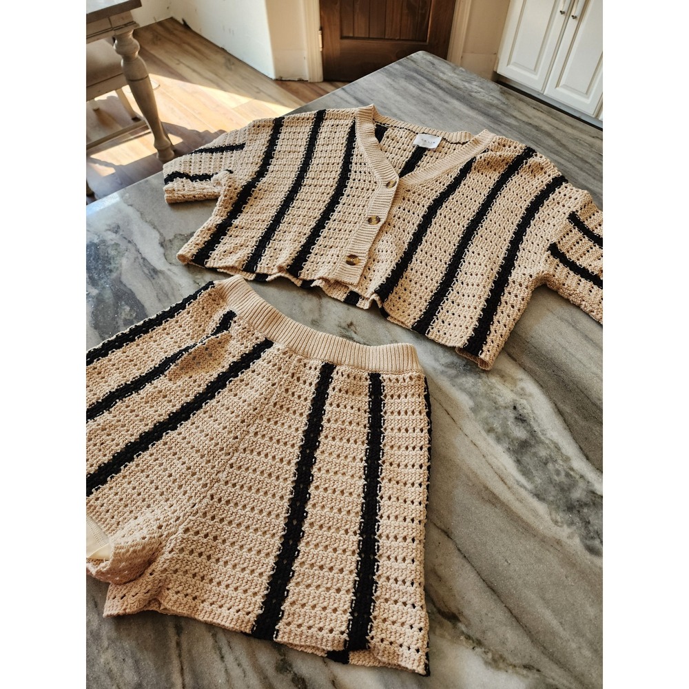 Boutique Le Lis Beige Black Striped Crochet Cardigan and Shorts Set S/M